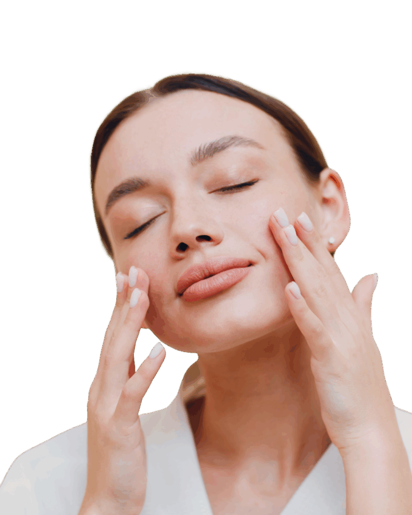 Woman touching her refreshed skin after facial aesthetics treatment